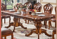 Ensemble table à manger et 8 chaises en bois massif et cuir, style français européen, antique, avec sculptures occidentales, design rectangulaire pour villa et cuisine