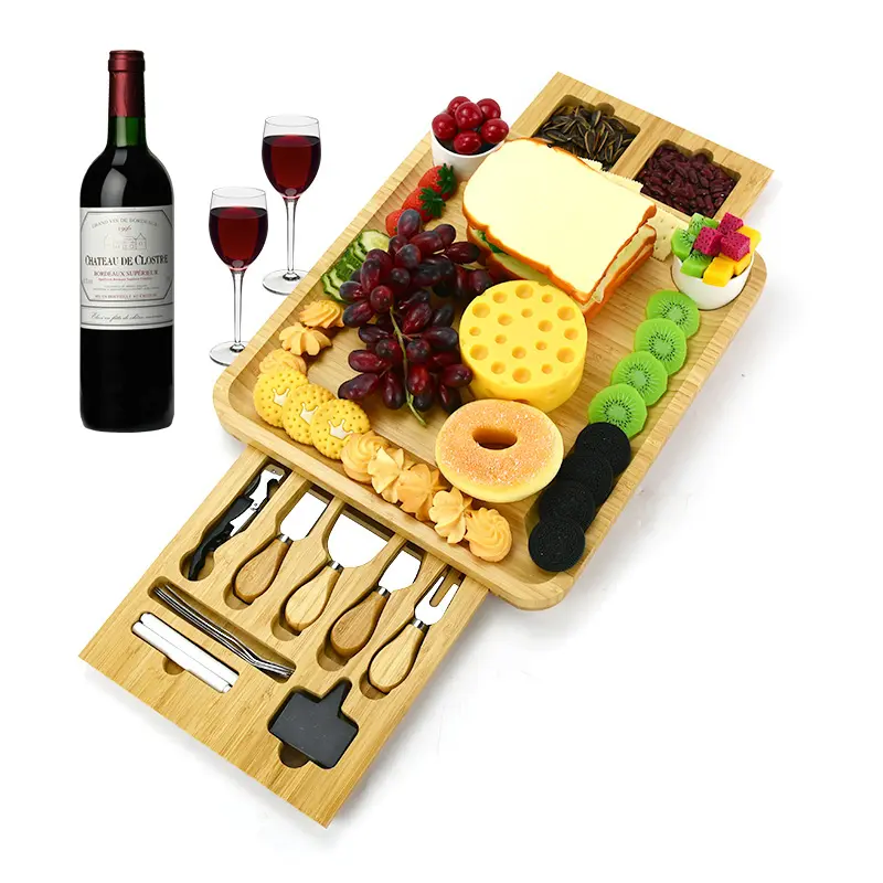 Bamboo Cheese Board With Cutlery Server Set, Platter Tray With 2 Ceramic Bowls & 3 Slate Labels & 2 Chalk Markers