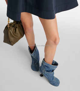 Classic Five Pocket <strong>Trouser</strong> Design Petal Toe Winter Pumps <strong>Girl</strong> Sexy Short Denim Boots for Women Toy Ankle Bootie in Washed Denim - Product Image 4