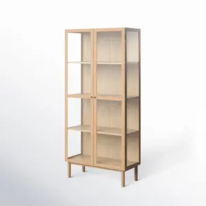 Vitrine moderne minimaliste en bois de chêne massif avec portes vitrées et étagères réglables pour le rangement du salon et de la salle à manger - Product Image 6