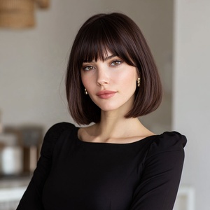 2026년형 도매용 짧은 갈색 레이어드 합성 헤어 가발, 짙은 갈색 어깨 길이 스트레이트 앞머리 있는 가발, 자연스러운 스타일 SM7252 - Product Image 3