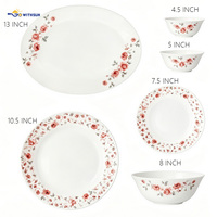 Service de table 27 pièces en verre opale trempé, bord festonné, imprimé floral rouge, pour la maison, les repas quotidiens en famille, les dîners et les occasions spéciales.