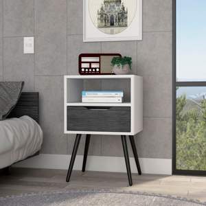 Emma Nightstand by DB DEPOT E-SHOP Superior Top with Open <b>Shelf</b> Drawer Smokey <b>Oak</b>/White MDF Wood Assembled for Apartment Use - Product Image 3