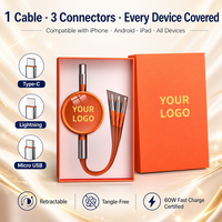 Kit de câbles USB rétractables portables 3-en-1 - GB avec logo personnalisé imprimé UV, matériau ABS durable, garantie 24/7 2 ans