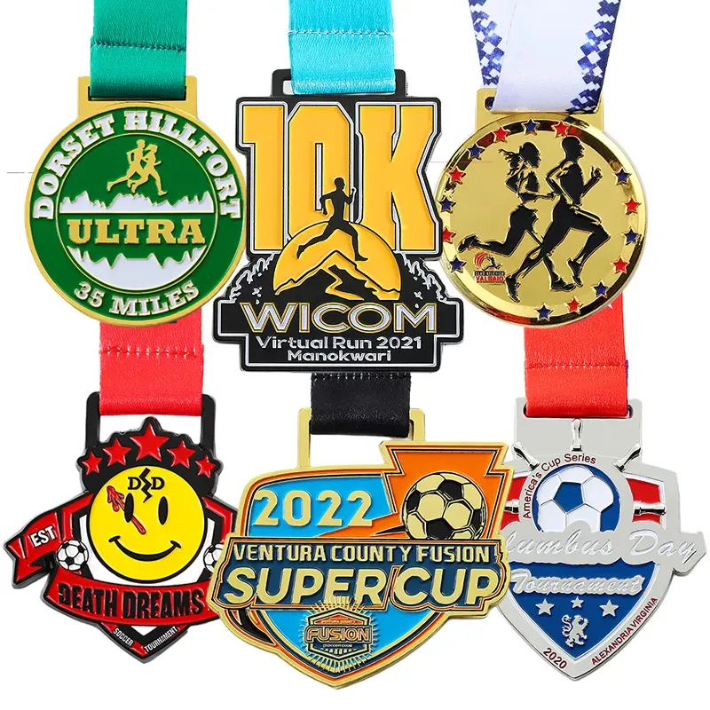 Medalla de metal 3D personalizada de diseño gratuito del fabricante con medallón de cordón, medallón grabado para deportes de Fútbol, medallas para correr Maratón