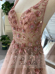 ASA-0074 Sexy V-Ausschnitt Staubiges Rosa Kristall Abendkleider Ballkleid - Product Image 3