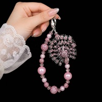 Dragonne de téléphone de luxe rose paon, perles, cristaux, strass, breloques, lanière, bijoux faits main, cadeau, vente en gros