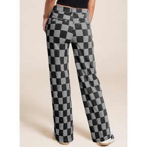 2025 femmes XL taille haute jambe droite à carreaux Denim pantalon respirant et extensible jambe large crayon évasé jean - Product Image 3