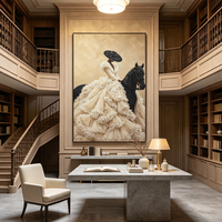 Tableau mural luxe moderne femme et cheval noir, porcelaine cristal strass incrusté à la main, décoration murale verticale