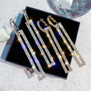 INS Warna Emas Perak Persegi Panjang Berlian Imitasi Anting-Anting untuk Wanita INS Panjang Menjuntai Drop Anting Perhiasan Pernikahan