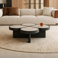 Table basse moderne en forme de fleur, placage de bois d'orme, plateau en pierre de travertin gris, table de salon design pour hôtel