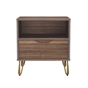 Brown Nightstand With Drawer And <b>Open</b> Shelf On Gold Hairpin Legs - Product Image 1