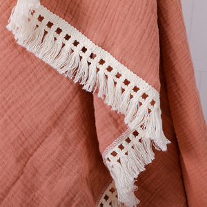 Couverture pour nouveau-né 100% <span class=keywords><strong>coton</strong></span> mousseline, à franges avec pompons, motif étoiles et lunes, respirante toute saison - Product Image 4