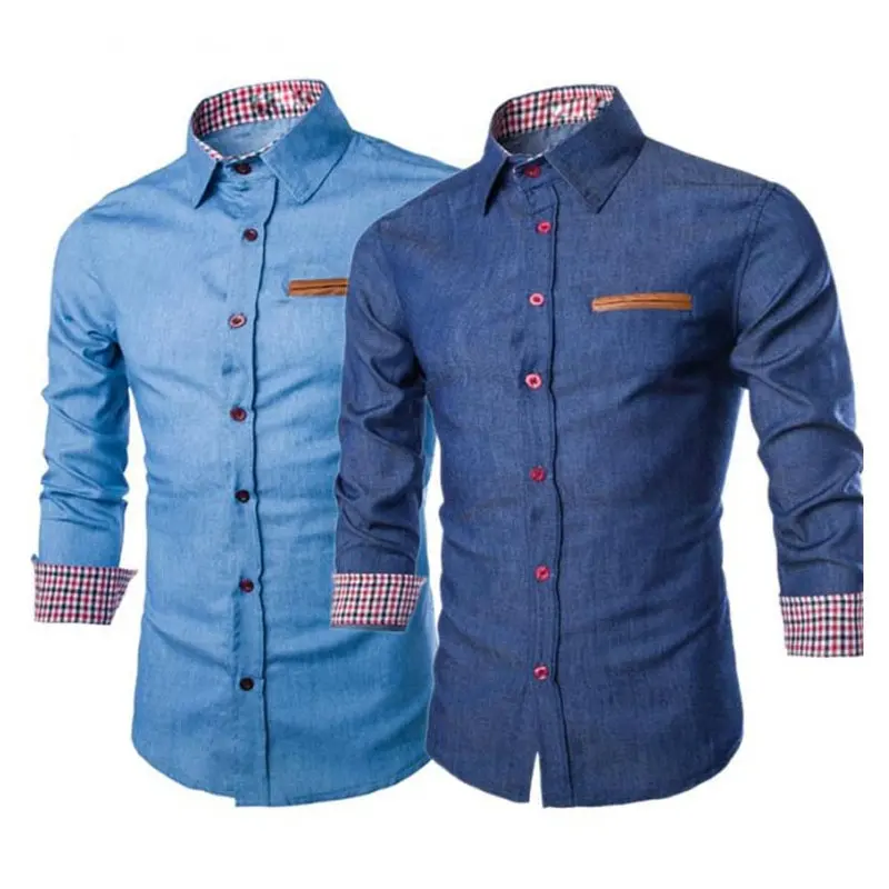 Camicia da uomo elegante in Denim a maniche lunghe Slim Fit in cotone Lien abbottonatura personalizza camicie da uomo