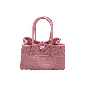 Eco Friendly Handmade Pink Woven <b>Plastic</b> Tote <b>Bag</b> Custom Summer <b>Beach</b> Shoulder Shopping Basket Handbag For Women Daily Wholesale - Product Image 3