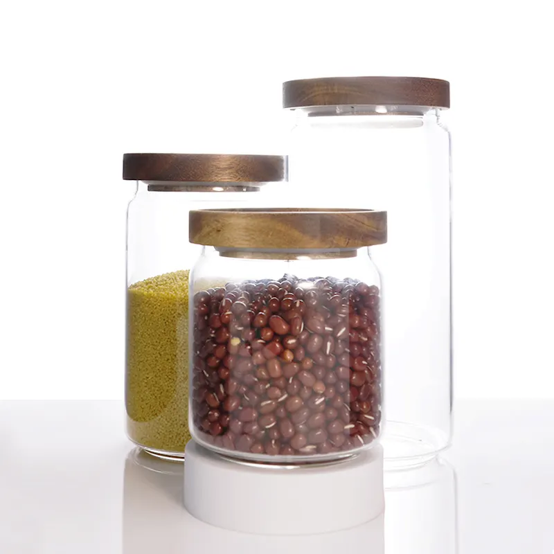 Acacia Wood Lid Sealed Glass Storage Coffee Bean Tea Jar Transparent Storage Jar Bottle