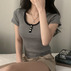 Vintage Stripe Print <b>Button</b> Embellished Women's U Neck Short Sleeve T-Shirt - Product Image 3