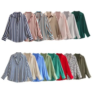 도매 가을 우아한 새틴 실크 스트라이프 긴 소매 블라우스 - Product Image 1