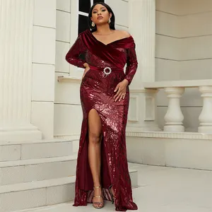 Seomiscky asimetrik boyun bölünmüş uyluk dökümlü Backless Sequins balo bordo resmi artı boyutu elbiseler