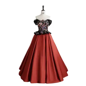 High Quality A-line Retro Burgundy Embroidery Flower Evening Party Dress Off Shoulder Floor Length Formal Ball Gown