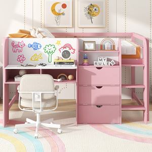 Cama alta rosa para niños con escritorio y cajones de almacenamiento para dormitorio, muebles infantiles - Product Image 3