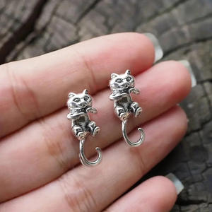 Inbaie <b>Cat</b> Stud Earrings Antique Silver Alloy Unisex Animal Shape Fashion Jewelry <b>Gift</b> - Product Image 4