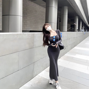 Women's Square Neck Long Sleeve Bodycon Dress Mid Length Fishtail Stretch Knitted Solid Color Black Dark Gray Brown - Product Image 2