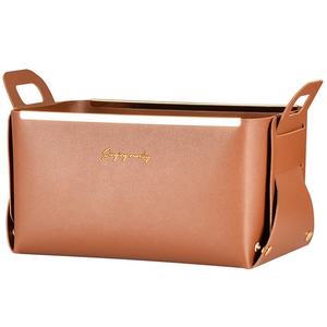 定制金属按扣可折叠组织托盘家用台式北欧可折叠Pu皮革储物篮，带手柄 - Product Image 1