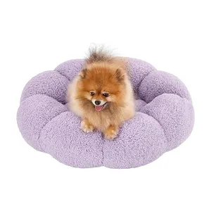 free sample suppliers custom novelty purple plush round donut plush pet bed fluffy cotton calming small cat dog warm house