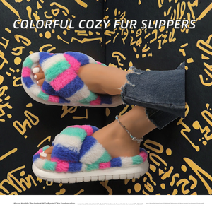 Pantuflas de Piel Cruzada con Rayas de Siete Colores para Mujer, Estilo Hotel, Cálidas y Modernas para Primavera, Otoño e Invierno - Product Image 4