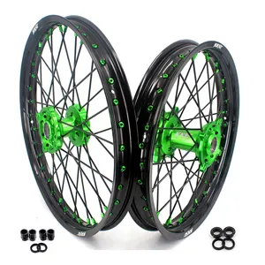 KKE Motorcycle 21/19 Dirt Bike Wheels Rims Set Compatible with KAWASAKI KX250F KX450F KX125 KX250 KX250XC Green Hub Black Rim