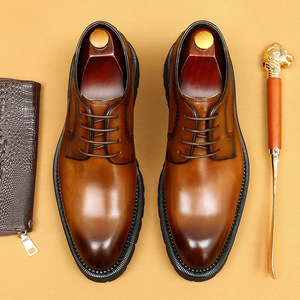 <b>Black</b> Men's Genuine Leather Round Toe <b>Lace</b>-Up Business Shoes-Thick-Soled High-Heeled Casual Derby Anti-Slip Breathable Soles - Product Image 4