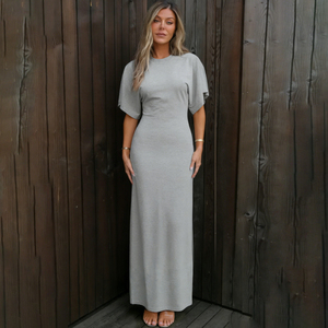 Vestido largo Z-3235 con cuello redondo, mangas cortas tipo murciélago, cintura ajustada, corte holgado, color sólido, minimalista, casual, elegante. - Product Image 4