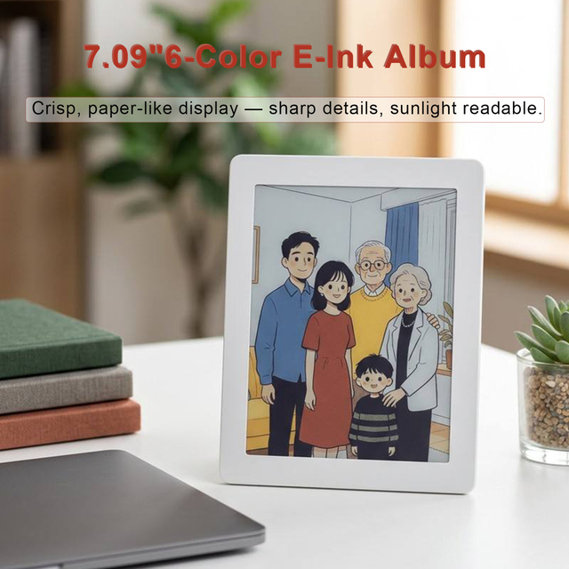 Holyiot 7.09" 6-Color E-Ink Photo Album 1600x1200 High Resolution Digital Frame Flush Surface Qi Charging Smart Slideshow