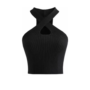 Recién llegado, ropa de mujer, Top corto con cuello Halter cruzado y hueco, chaleco Halter de punto de Color sólido, camiseta sin mangas Sexy para mujer, camiseta - Product Image 6