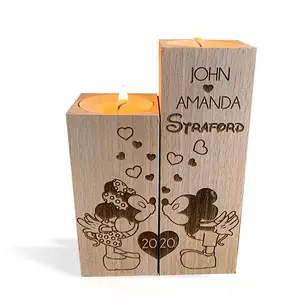 Portacandele in legno di topolino e Minnie regalo di nozze personalizzato nomi di coppia incisi personalizzati qualsiasi anno Love Heart Chr