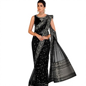 Sari en modal noir brodé avec des paillettes lourdes pour mariage, fête, femmes indiennes pakistanaises, moderne, élégant, longueur au sol - Product Image 1