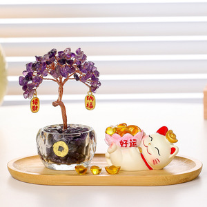 Gato de la Suerte con Diseño de Lingote de Oro, Árbol del Dinero de Cristal Amarillo Natural, Adorno de Escritorio Feng Shui, Regalo para el Año Nuevo Chino - Product Image 4