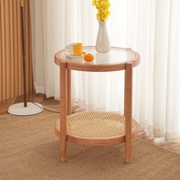 Table basse en bois d'hévéa nordique avec plateau en verre trempé tressé, espace de rangement, design moderne et élégant, pour salon, balcon, usage de loisirs, double niveau