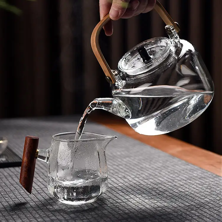 Wholesale Glass Flower Teapot Borosilicate Glass Teapot With Strainer And Bamboo Handle
