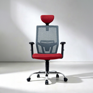 Chaise de bureau ergonomique moderne en maille avec accoudoirs et appui-tête réglables, base pivotante chromée, design contemporain rouge et gris, système de bureau AY - Product Image 1