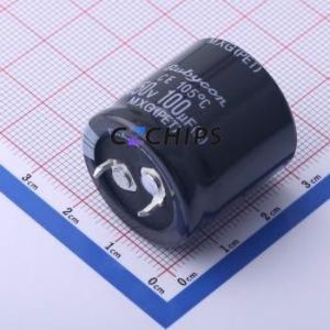 450MXG100MEFCSN25X25 Snap-in Aluminum Electrolytic Capacitor Through hole Component THT,D25xL25mm 100uF 20% 450V 10mm - Product Image 1