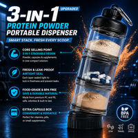Conteneur de poudre protéinée à 3 compartiments avec entonnoir, porte-clés mousqueton, sans BPA, boîte à suppléments, logo personnalisé, vente en gros pour la gym