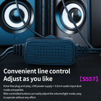 Nouvelles enceintes USB compactes S557 2.0 canaux, audio 3,5 mm, haut-parleur 52 mm, éclairage coloré, contrôle sans fil, puissance de sortie 0-5W, 320g