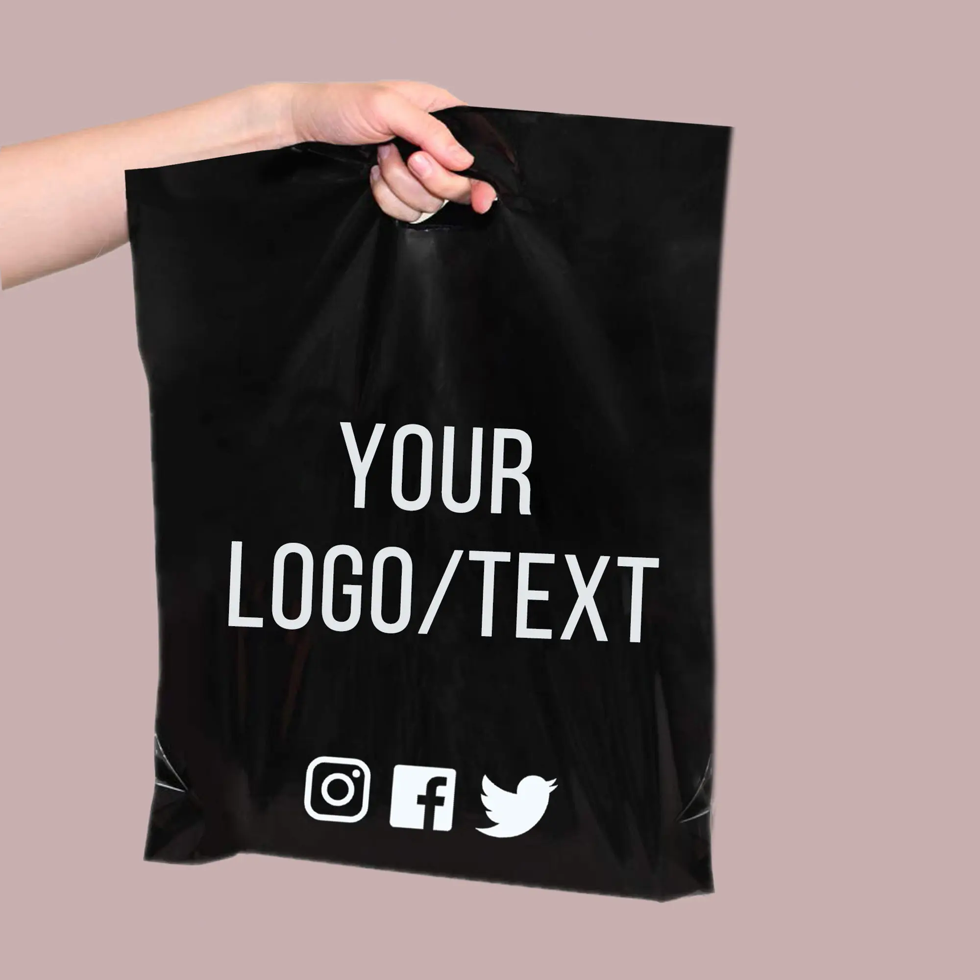 Индивидуальная фирменная сумка для покупок с логотипом на заказ, упаковка для одежды, пластиковые пакеты с вырезанными ручками