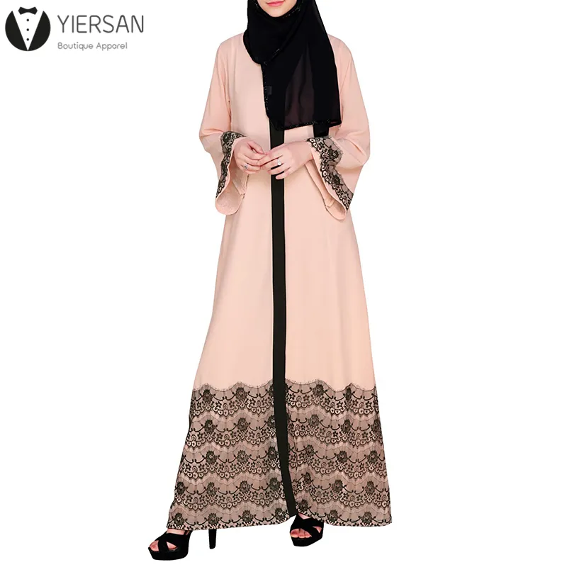 New Style V-Ausschnitt Langarm Spitze Aushöhlen vorne offen Abaya Kaftans für Frauen
