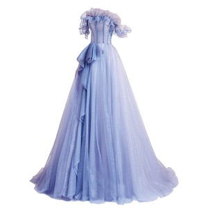 Off The Shoulder Chiffon Ball Gown Empire Waist Ruffles Sparkling Blue Evening Dress For Bridal Events - Product Image 5