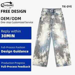 YOUMI özel OEM erkek kot 14-16 Oz kravat-boyalı düz bacak Vintage Streetwear stil orta katı kot sonbahar kış yaz için - Product Image 1