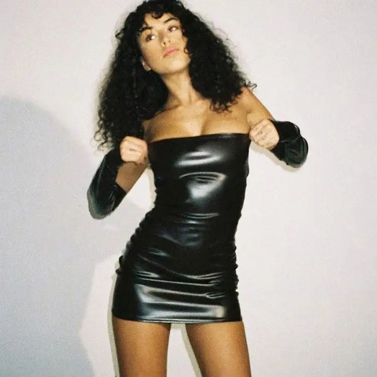 Grosir gaun mini ketat kulit pu hitam lengan panjang terpisah bahu terbuka seksi klub trendi baru