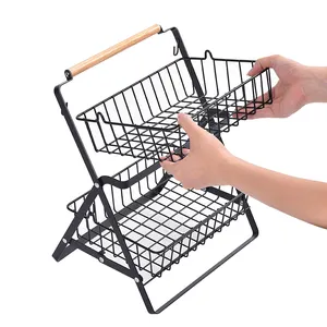 Multi purpose use kitchen metal iron steel wire 2 tier foldable fruit basket storage basket Braided Toy Towels Blanket Basket